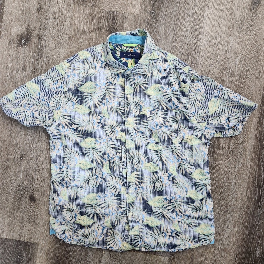 Tommy Bahama Mens Large Tropical Palm Seersucker Button Down Shirt Blue White